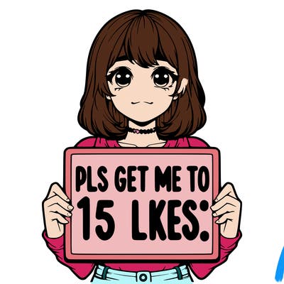 realistic girl holding up a sign that says “pls get me to 15 likes!”
