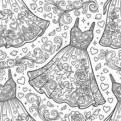 Embrace the spirit of love and fashion with our delightful Valentine's Day Sundresses coloring page. This intricate design features airy sundresses beautifully decorated with hearts, roses, and playful cupids, perfect for a romantic coloring escape.