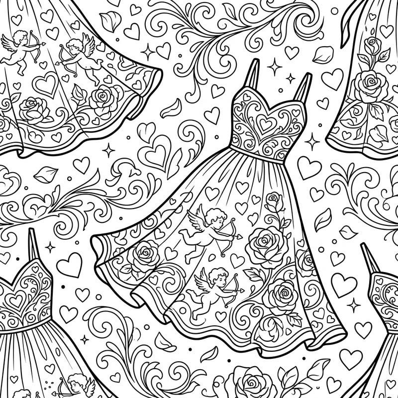 Embrace the spirit of love and fashion with our delightful Valentine's Day Sundresses coloring page. This intricate design features airy sundresses beautifully decorated with hearts, roses, and playful cupids, perfect for a romantic coloring escape.