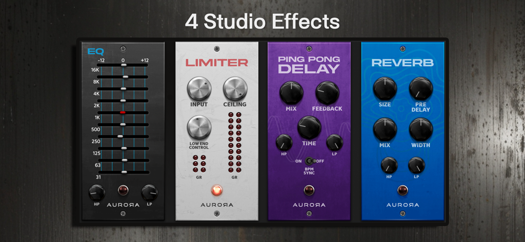 Laboga Mr Hector - Amp Sim - EQ Limiter Ping Pong Delay、Reverbを含む4つのスタジオエフェクトを表示するインターフェース