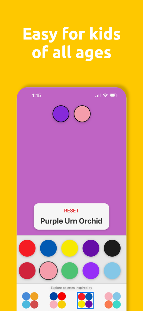 Color Mixer for Kids - Una pantalla de Color Mixer para Niños que muestra una paleta de mezcla de colores y el nombre de color único Orquídea Púrpura.