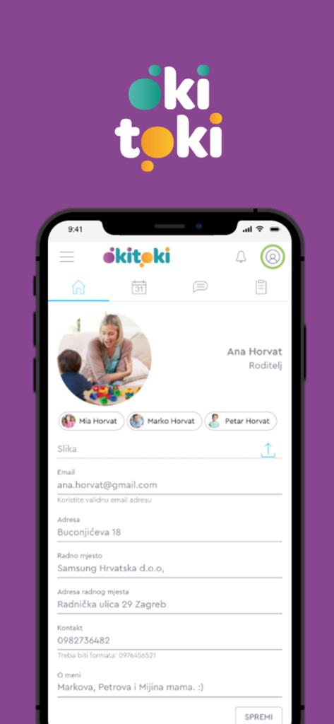 Okitoki - Okitoki mobile app parent profile interface showing user information and children