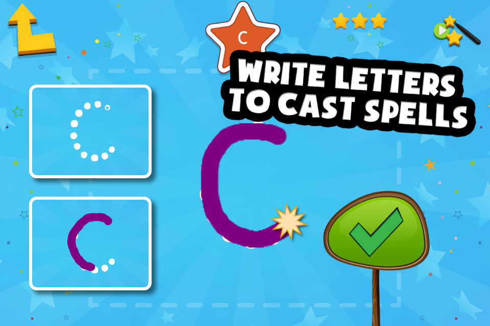 Writing Magic Letters : Kids learn to write - Educational game screen showing a child tracing the letter C to cast a magic spell