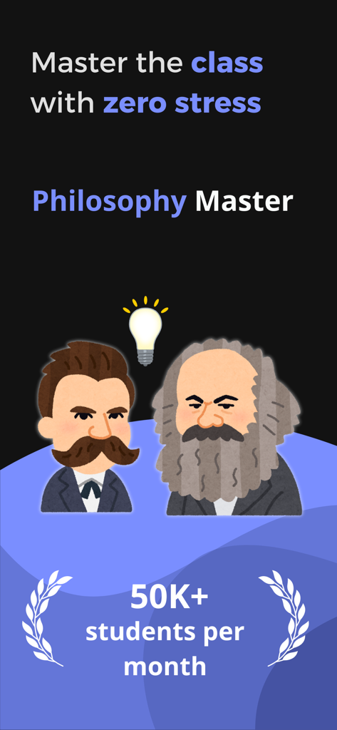 Philosophy Master Learn School - Philosophy Master app intro screen featuring Nietzsche and Marx illustrations and student statistics