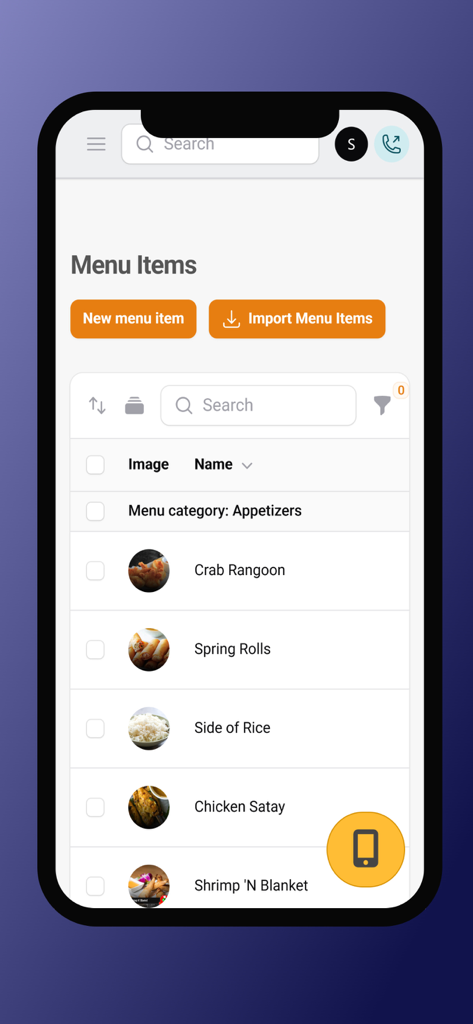 OrderUp App - Managing App - Mobile dashboard for managing restaurant menu items and appetizers list