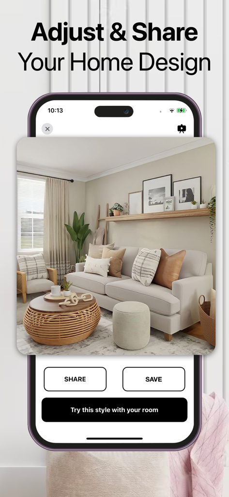 Interior AI Room Design Home - Smartphone screen showing a modern living room design with buttons to share and save the AI-generated room layout.