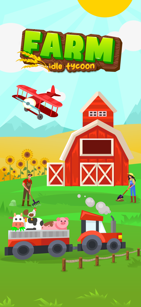 Colorful cartoon farm scene featuring a red barn tractor and farm animals in My Farming Empire