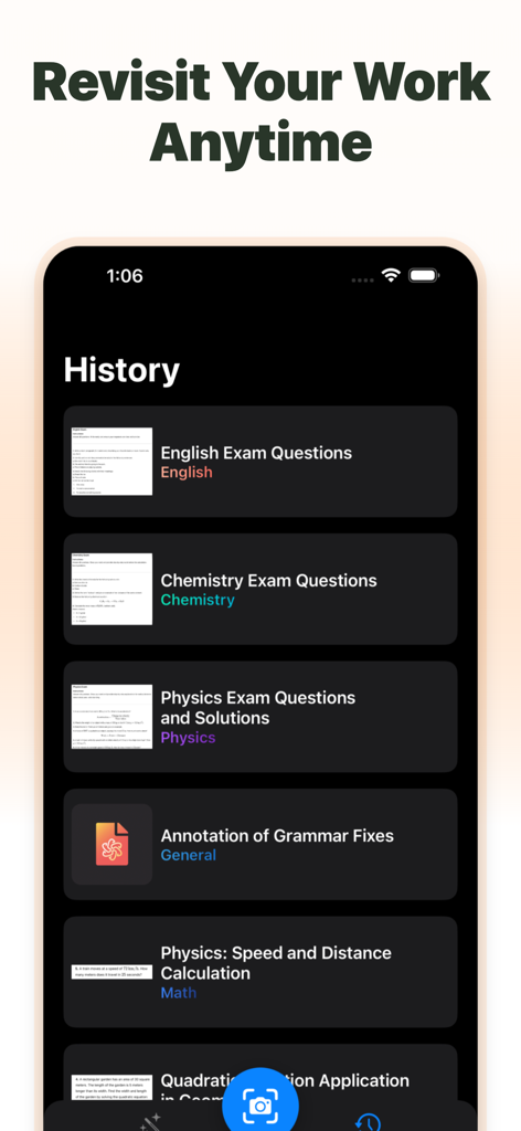 SolveThisアプリの歴史画面。英語、化学、物理の件名に関する保存された宿題ソリューションのリストを表示。