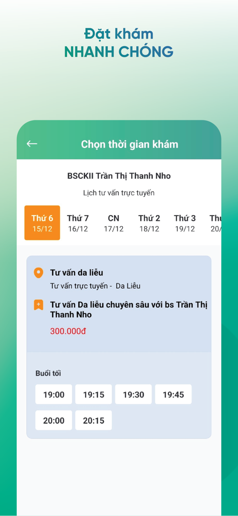 IVIE Bác sĩ ơi: Gọi Bác sĩ 247 - Mobile interface of the IVIE Bác sĩ ơi app showing a schedule for booking a medical consultation with a doctor.