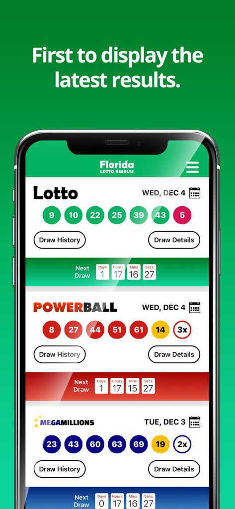 Florida Lotto Results app interface displaying the latest winning numbers for Lotto, Powerball and Mega Millions