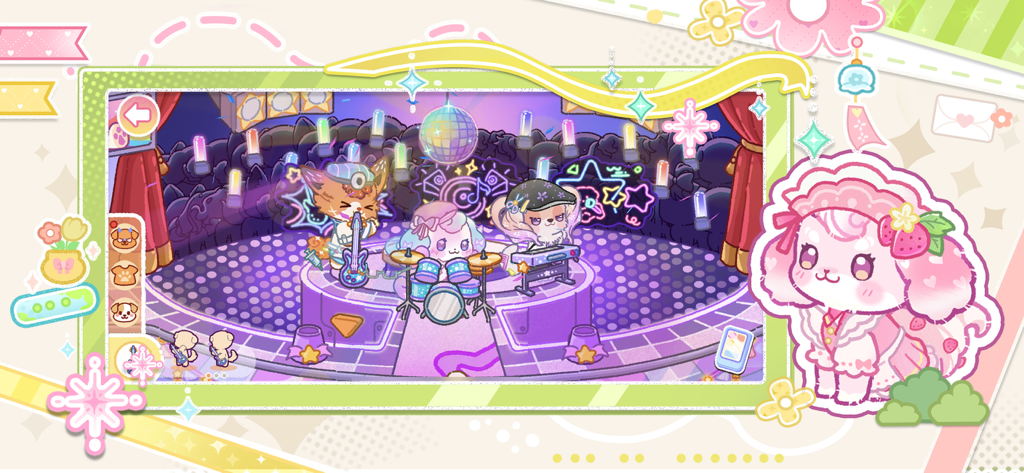 My Dog Town: Animal Sim Games - 디스코 볼과 악기가 있는 화려한 무대에서 공연하는 귀여운 강아지 세 마리