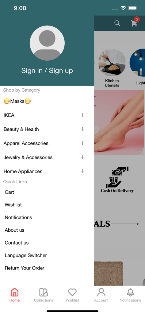 Digital Shoppy - Interfaz de la aplicación móvil Digital Shoppy que muestra un menú lateral de navegación con categorías de compras y enlaces rápidos