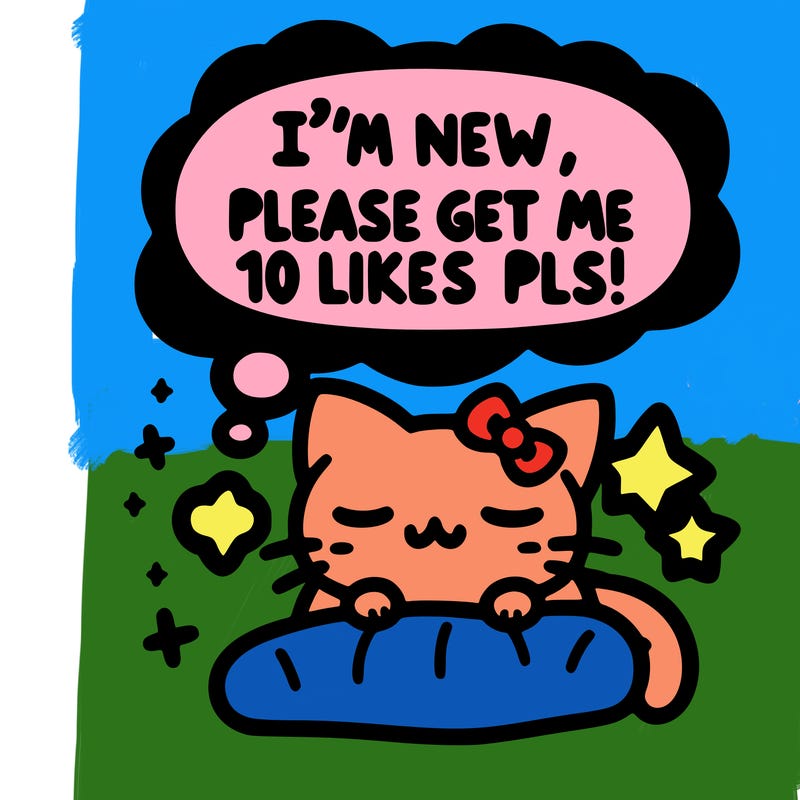 kitty taking a nap dream talking and saying "i'm new, please get me at least 10 likes pls!!"