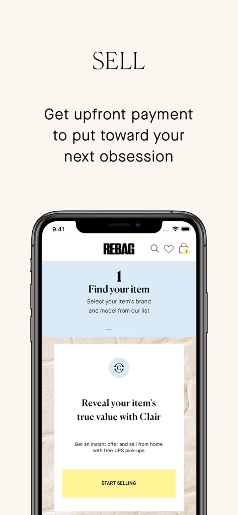 Rebag - Interfaz de la aplicación Rebag que muestra el proceso de venta y la herramienta de valoración Clair para artículos de lujo.