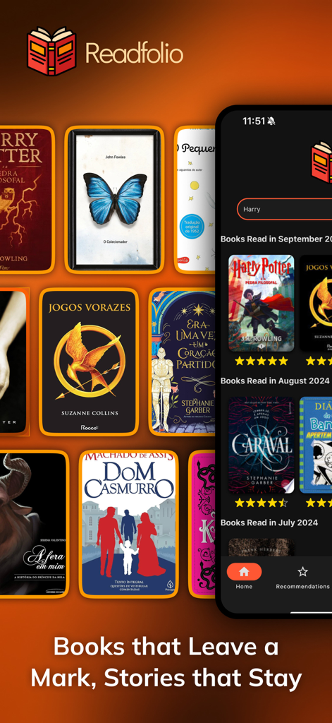 Readfolio: Book Tracker - Readfolio app interface displaying a digital book log with covers and star ratings organized by month