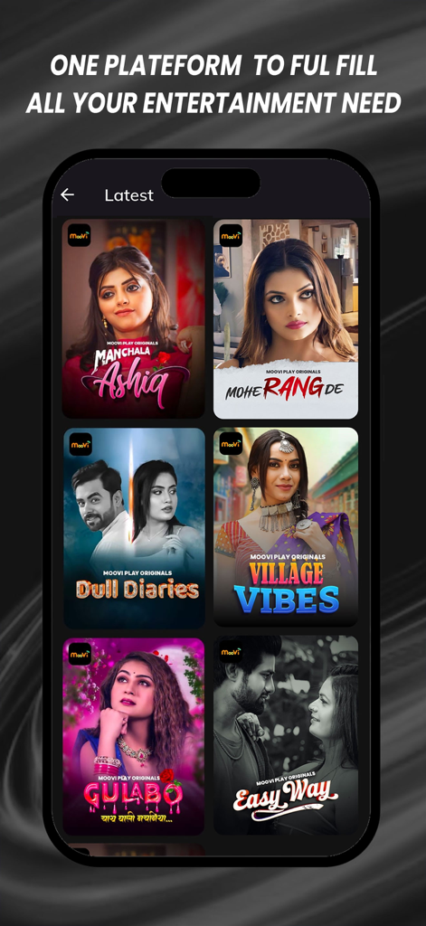 Moovi Play - Moovi Play app interface showing a library of exclusive regional web series and movies.