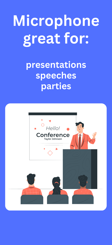 Microphone: Megi - 会議でのスピーチをする男性のイラスト。プレゼンテーションやスピーチでのアプリの使用例を示しています。