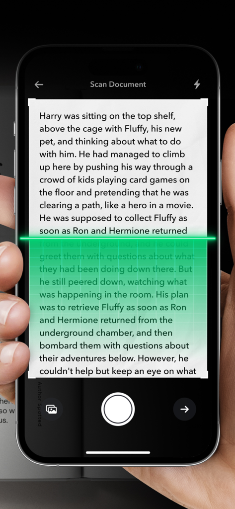 Peech: Text to Speech Reader - A smartphone screen showing the Peech app scanning a printed book page to convert text into audio using OCR technology.