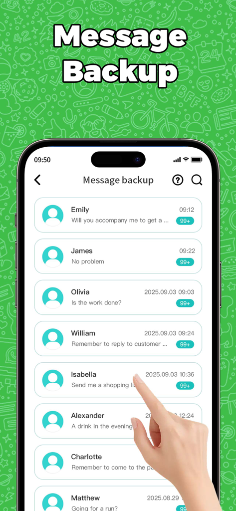 Dual Messenger & Duo Web Chat - An iPhone screen displaying the message backup list with various contact names and chat history in the Dual Messenger app