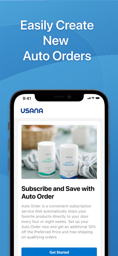 USANA - Exibição de iPhone da tela do aplicativo USANA mostrando o recurso Assine e Economize com Pedido Automático e frascos de suplementos.