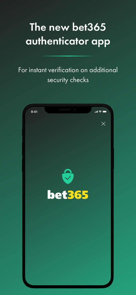 bet365 - Authenticator - 보안 확인을 위한 즉각적인 인증을 강조하는 bet365 인증기 앱의 소개 화면.
