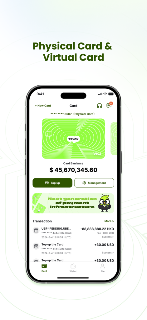 TevauPay - Pantalla de la aplicación TevauPay que muestra una tarjeta Visa virtual verde con el saldo de la tarjeta y transacciones recientes