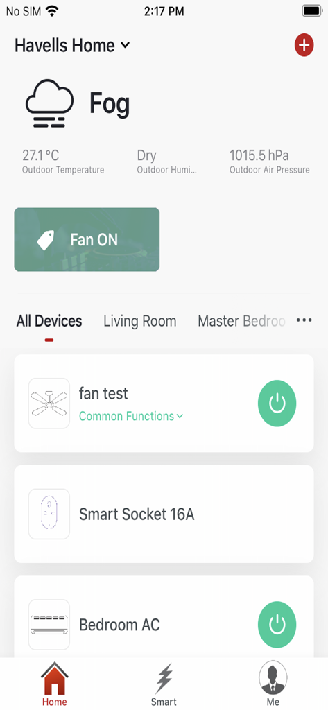 A screenshot of the Havells DigiTap smart home app dashboard featuring controls for fans, smart sockets, and air conditioning.
