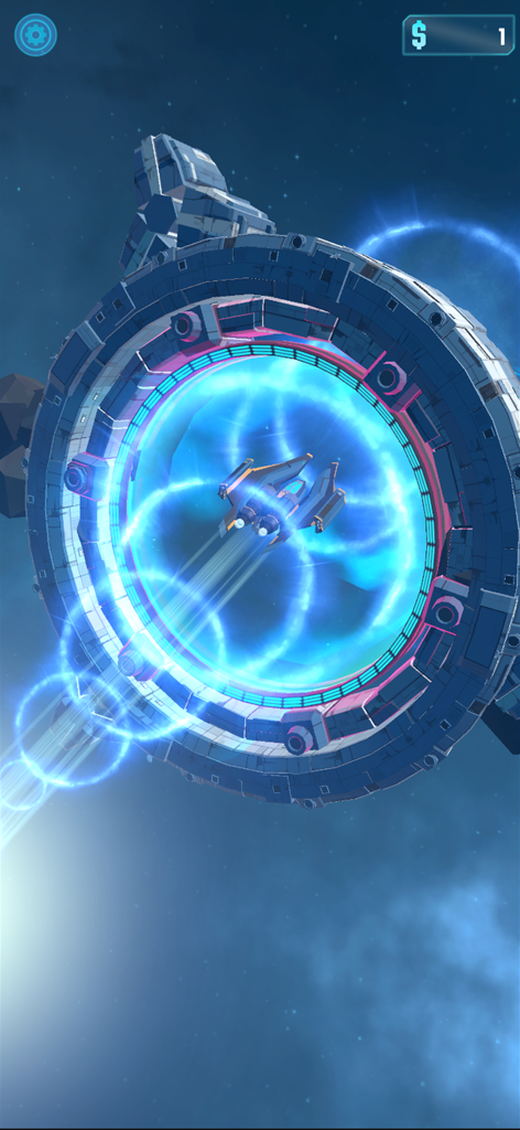 Galaxy Idle - Spaceship entering a glowing blue portal for galaxy exploration in Galaxy Idle