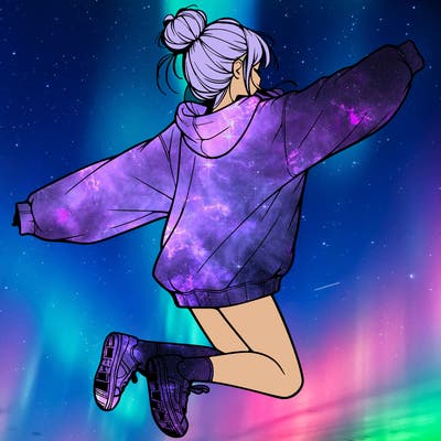realistic girl jumping with a bun and oversized sweatshirt
