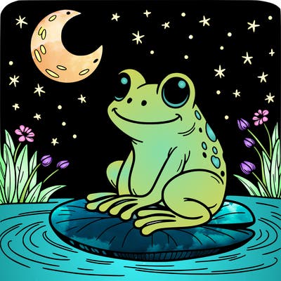 frog sitting on a lily pad at night