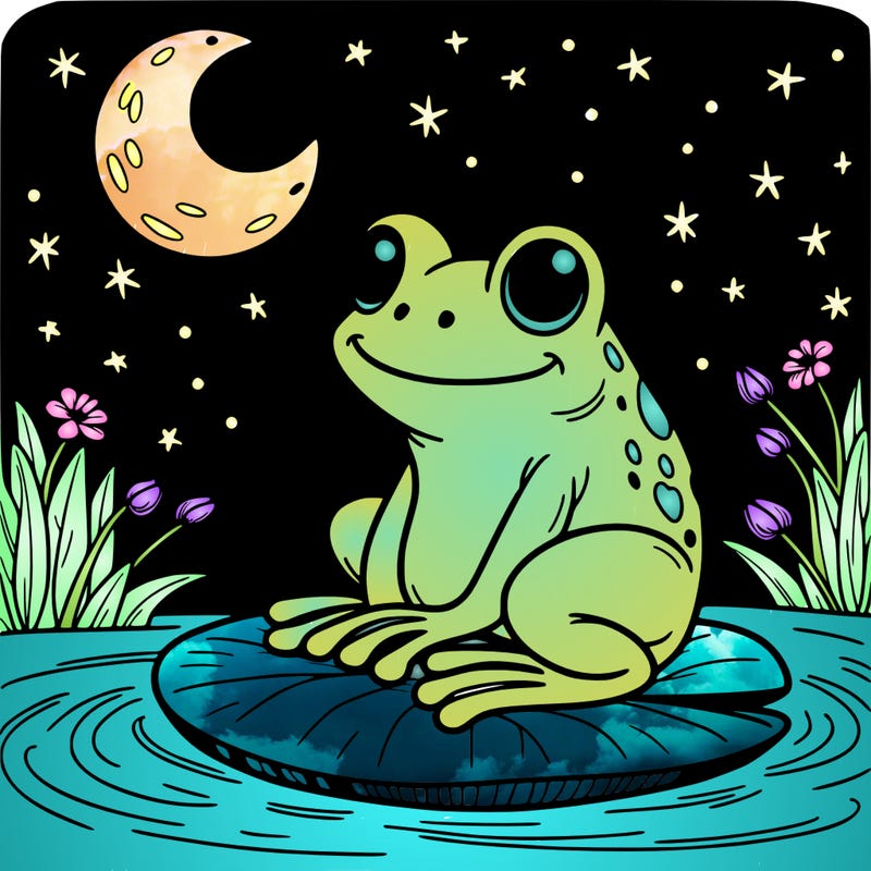 frog sitting on a lily pad at night