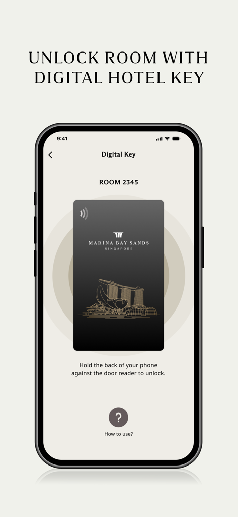 Schermata dello smartphone che mostra la funzione chiave digitale dell'hotel Marina Bay Sands per la camera di un ospite.