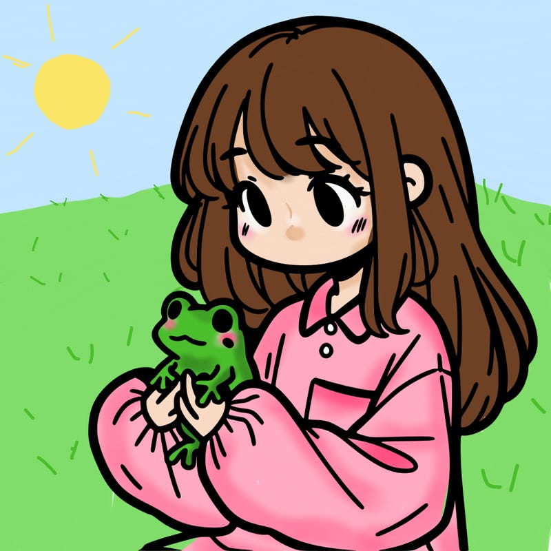 girl with long hair and a oversized shirt. and she is holding a frog