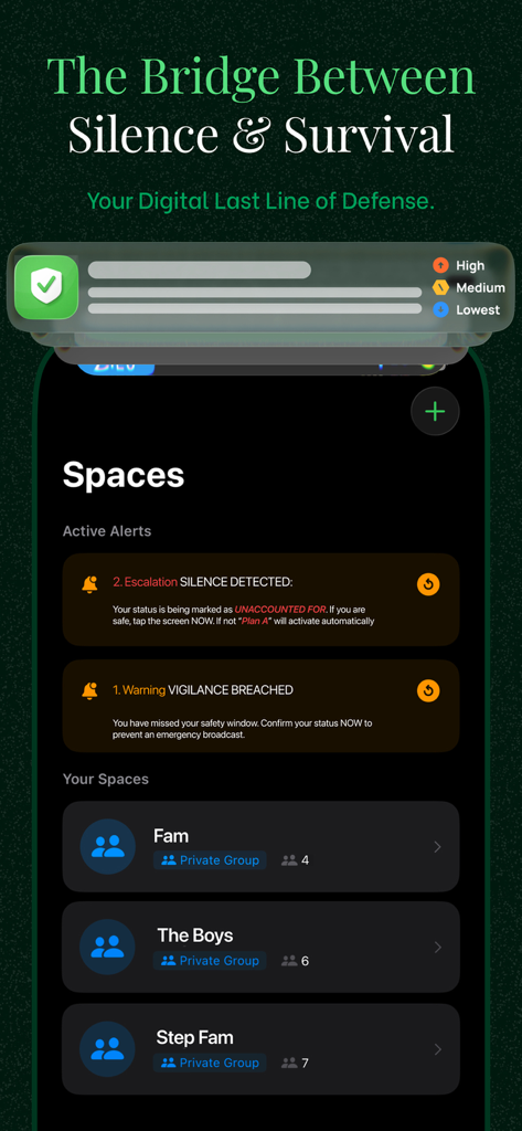 Screenshot of Pulse Safety Check-In app showing active alerts and private group spaces for family and friends