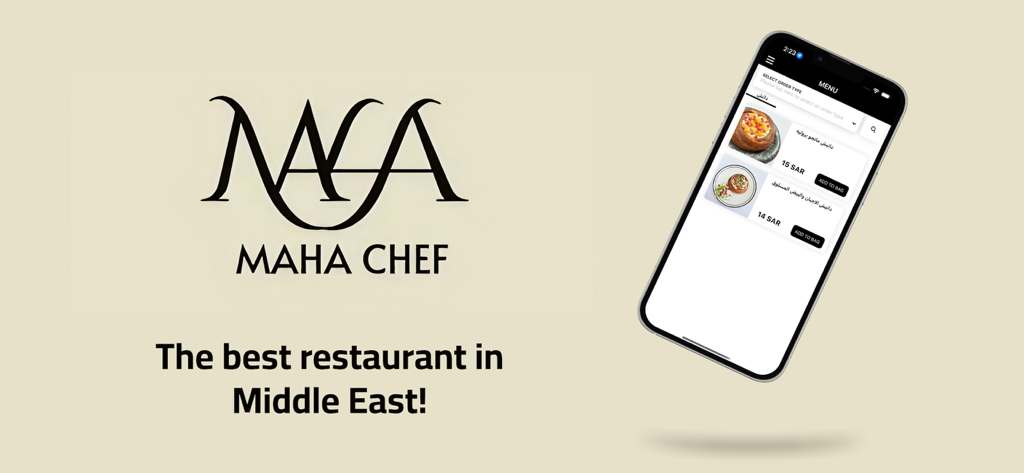 Maha Chef | مها شيف - Maha Chef app logo and mobile phone display showing the restaurant menu with Middle Eastern dishes