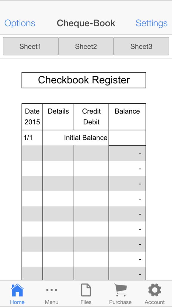 Check Book Register - A digital checkbook register with columns for date, transaction details, and balance.