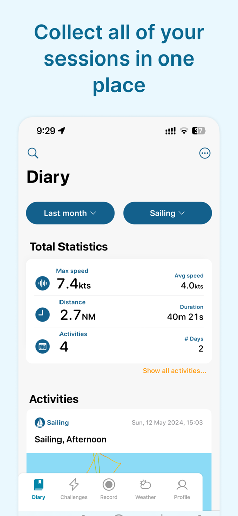 Waterspeed app diary screen showing a summary of sailing statistics including max speed distance and duration