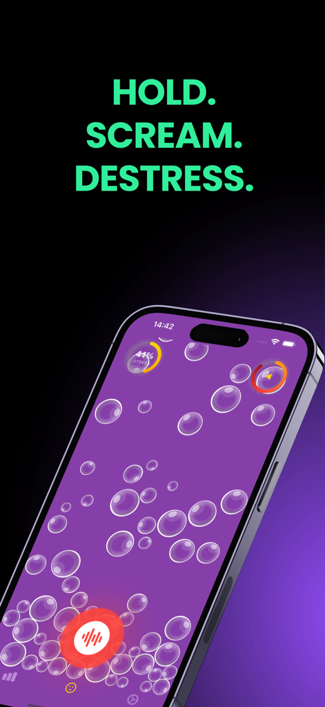Scream Therapy - Scream Therapy app interface showing the slogan Hold Scream Destress and a purple screen with floating bubbles for stress tracking.
