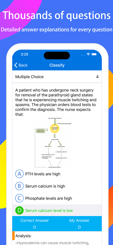 NCLEX PN 시험 전문가 앱 인터페이스, 의료 다이어그램 및 상세한 답변 분석이 포함된 객관식 간호 질문 표시