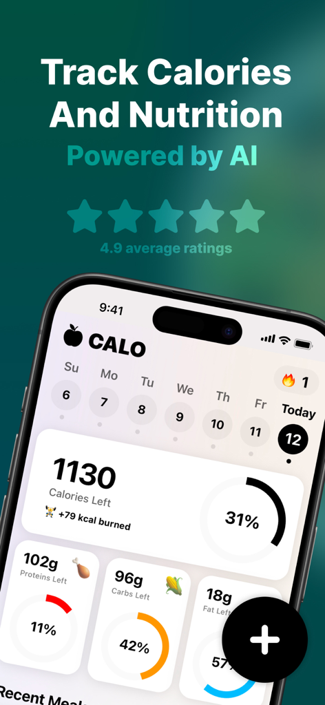 CALO #1 Cal & AI Food Tracker - CALO AI app dashboard displaying daily calorie and macronutrient tracking progress