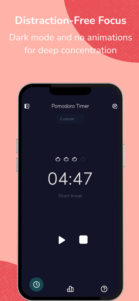 Screenshot der Pomodoro Timer App im Dark Mode mit einer ablenkungsfreien Oberfläche für tiefe Konzentration