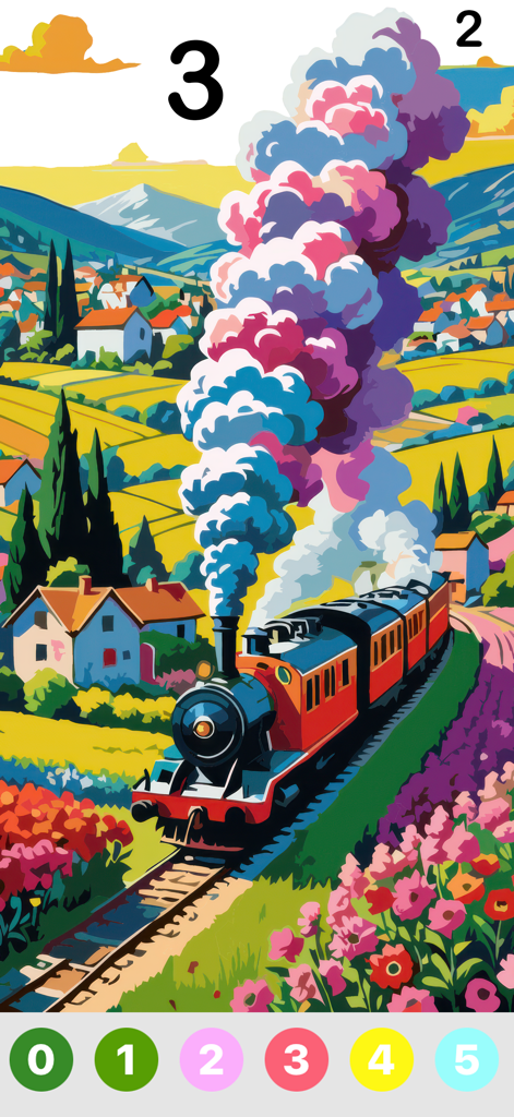 Oil Painting : Color By Number - Digital oil painting of a steam train traveling through a colorful countryside in a color-by-number app interface