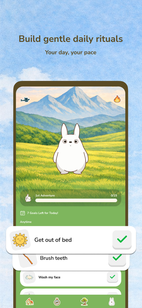 Koda: Cozy Self-Care - A cute white forest spirit character standing in a meadow with a checklist for gentle daily rituals