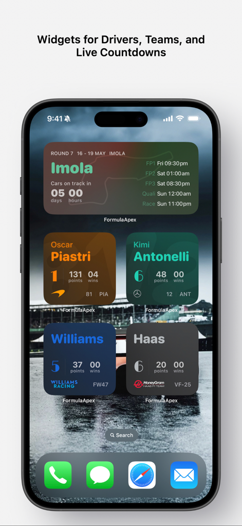 Formula Apex 위젯으로 F1 레이스 카운트다운, Oscar Piastri와 Kimi Antonelli의 드라이버 통계, Williams 및 Haas의 팀 순위를 표시하는 iPhone 홈 화면입니다.