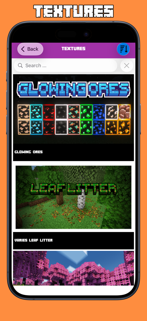 Add-ons for Minecraft PE ⋆ - Interface of the Add-ons app showing different Minecraft PE texture packs like Glowing Ores and Leaf Litter