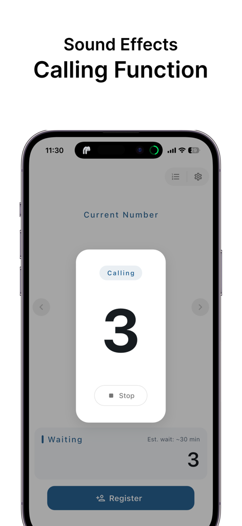 順番待ちパネル | 呼び出し番号の表示用呼出システム - Smartphone display showing the calling screen of a queue management app with number three.