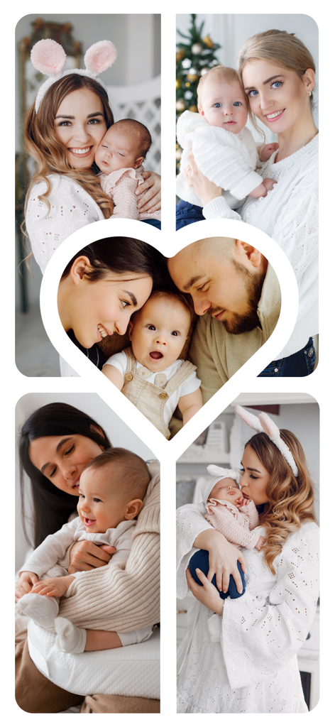 Pic Collage Maker: Photo Frame - Aesthetic baby and mother photo collage with a heart shaped frame layout