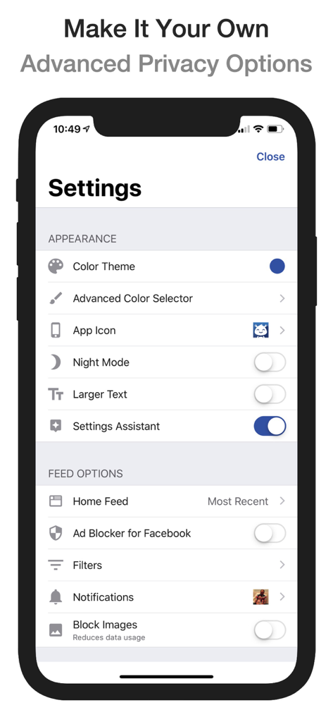 Friendly Social Browser - Menú de configuración del Navegador Social Friendly mostrando opciones de personalización de apariencia y feed