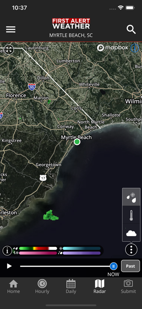 A screenshot of the KSLA 12 First Alert Weather app showing an interactive radar map of the Myrtle Beach coastal region