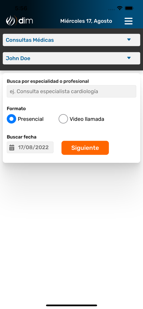 DIM SALUD Turnos y Resultados - Interfaccia dell'app DIM Salud per prenotare consulenze mediche per specialità e formato